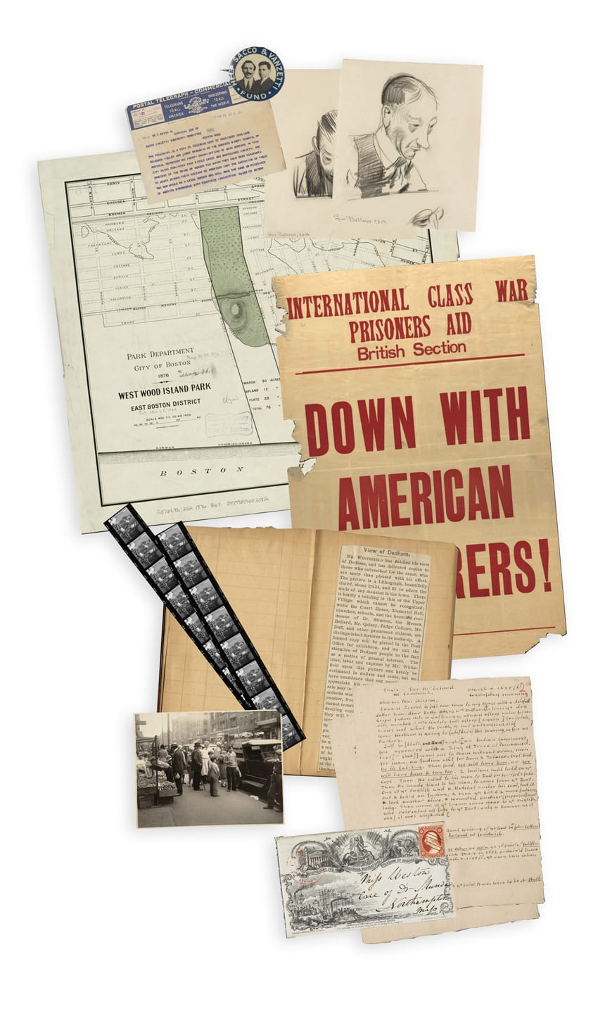 Letters, a telegram, photographs and negatives, a broadside, map, notebooks, and pencil sketch of a man in profile.
