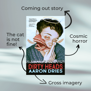 Cover of Dirty Heads by Aaron Dries. Illustration of a white man with a grotesque mouth extending from the side of his face. Arrows point to keywords: coming out story, cosmic horror, gross imagery, the cat is not fine.