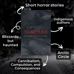 Taaqtumi book cover with arrows pointing to key words. Short horror stories. Blizzards: but haunted. Indigenous authors. Arctic circle. Cannibalism, compulsion, and consequences.