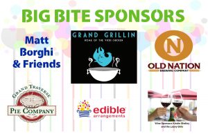 Big Bite Sponsors of the 2018 Books, Bites, and Bids Fundraiser. Grand Grillin, Grand Traverse Pie Company, Old Nation Brewing Co., Edible Arrangements of Frandor, Matt Borghi and Friends, and Kristin Shelley and the Leavy Girls.