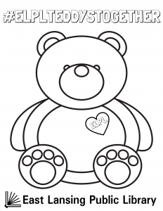 #ELPLTeddysTogether, teddy bear illustration with heart on its chest reading ELPL for coloring, East Lansing Public Library logo