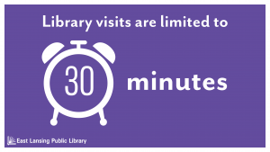 A clock icon with the text library visits are limited to 30 minutes