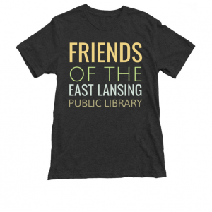 Black tshirt with text reading Friends of the East Lansing Public Library