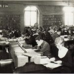 Patrons fill the Greenleaf Clark Reference Room on the third floor of the Central Library in the early 1930s. During the Great Depression, the library was crowded with unemployed workers who were seeking information on jobs and studying new careers.