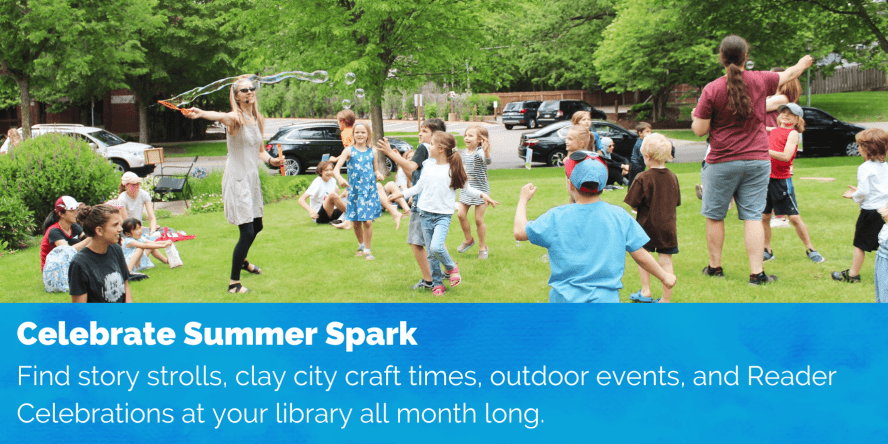 Celebrate Summer Spark text with people playing outside library image