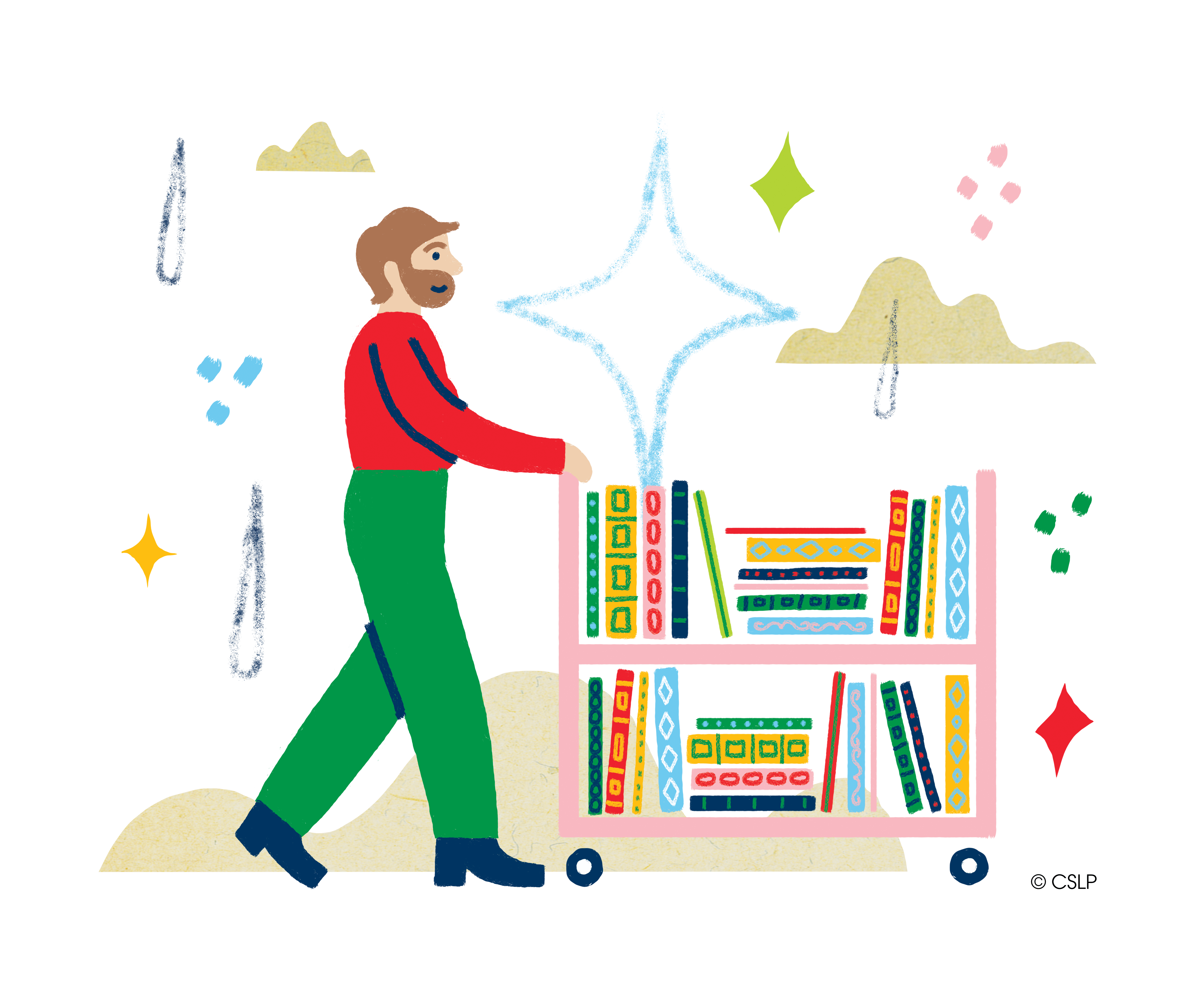 Colorful graphic of an adult librarian pushing a cart of books.