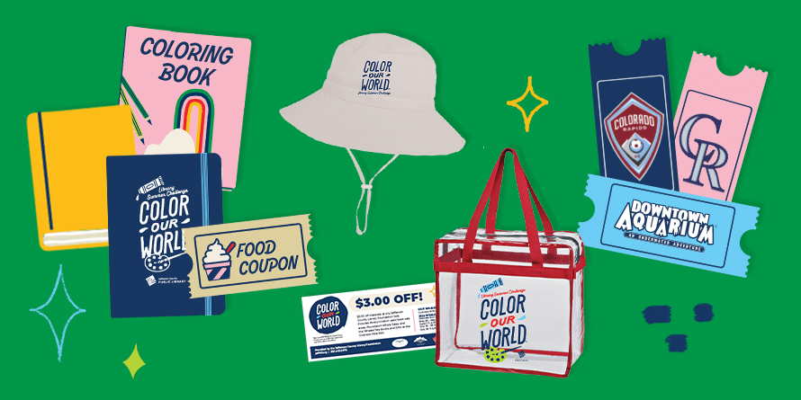 Graphic collage of the various prizes you could win when you accept JCPL's Library Summer Challenge.