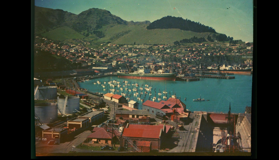 View of Lyttelton from the Port Hills. 1950s. Wildey collection. No known copyright. CCL-DBPA-0020