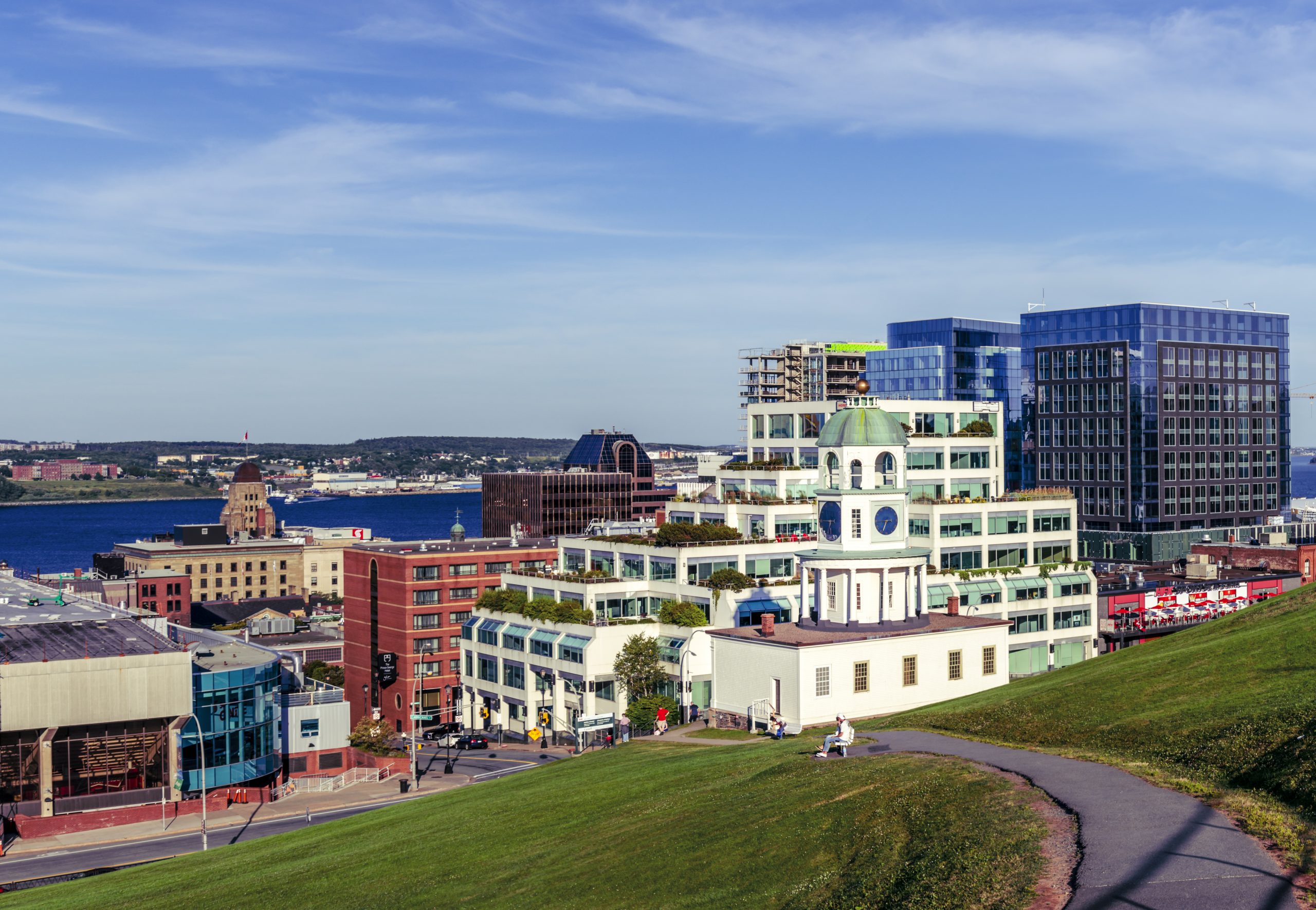 Photograph overlooking Halifax Town Clock and downtown buildings taken from the top of Citadel Hill.