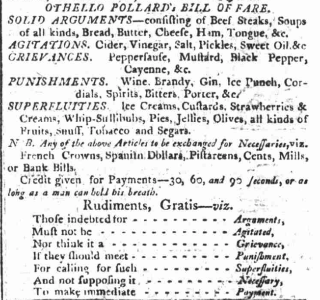 (Excerpt of ad for Othello’s Classic Hotel, Boston Gazette, June 13, 1803)