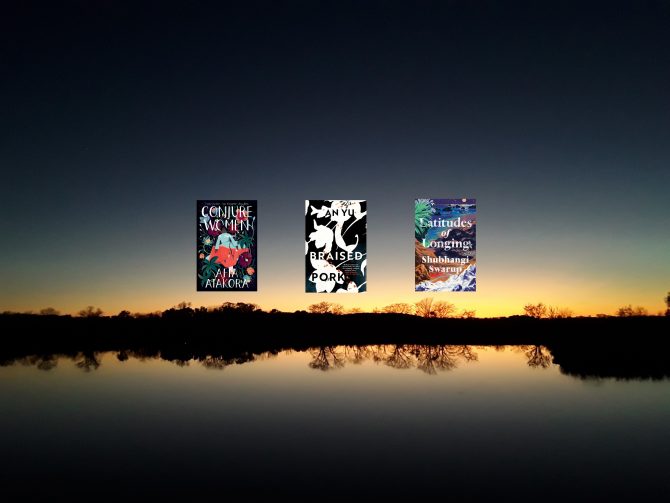 Image is of three book covers, side-by-side on top of a photo of the Wakarusa Wetlands at dusk with the horizon aglow. Trees at the waters’ edge are reflected in the water.