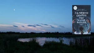 Image is of a calm pool of water in the Wakarusa Wetlands near dusk, a moonlit sky with low clouds near the horizon