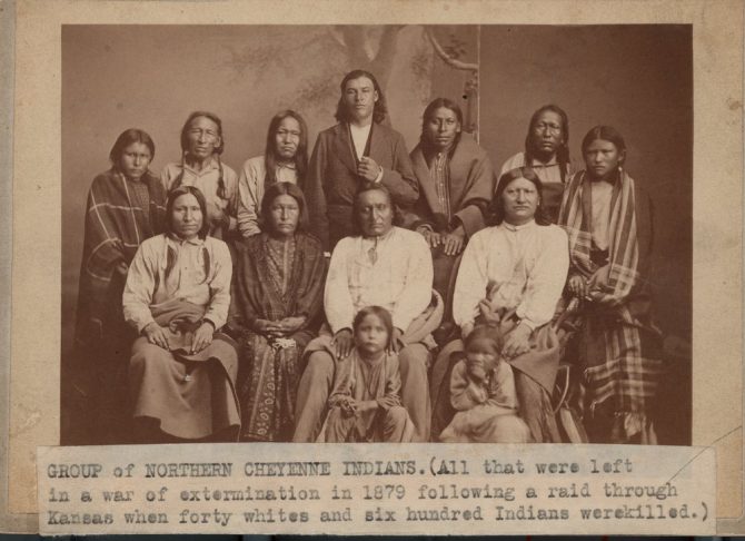 Image is of a group of Northern Cheyenne Indians photographed in Lawrence, Kansas.