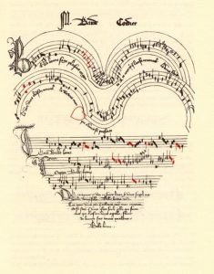 An example of Eye Music, a staff of music notation shaped like a heart