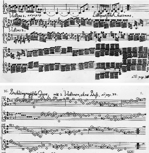 An example of Eye Music, Telemann's "Gulliver Suite" with unnecessarily and ridiculously condensed clusters of notes with comedic time signatures