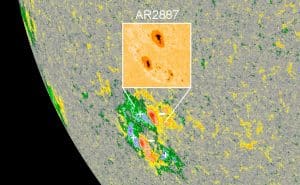 A magnetic map of Sunspot AR2887 from NASA’s Solar Dynamics Observatory. The map shows two large areas of negative polarity surrounded by smaller areas of positive polarity. The two areas of negative polarity are both the size of Earth.
