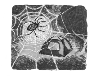 Image is of a large spider in its web above a tent campsite in black and white, titled “Clinton Lake”, by Chloe Chun Seim