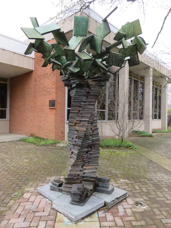 Bronze tree sculpture outside Yellow Springs Community Library
