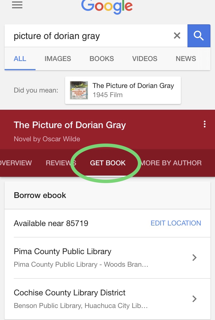 screenshot of a mobile search for picture of dorian gray with GET BOOK circled