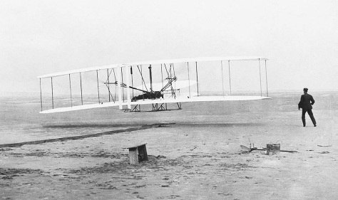 Photograph of the Wright Brothers' first flight in Kitty Hawk, North Carolina, 1903.