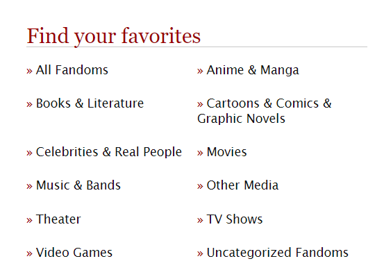 screenshot from Archive Of Our Own website of section "Find your favorites" with links: All Fandoms, Books & Literature, Celebrities & Real People, Music & Bands, Theater, Video Games, Anime & Manga, Cartoons & Comics & Graphic Novels, Movies, Other Media, TV Shows, and Uncategorized Fandoms