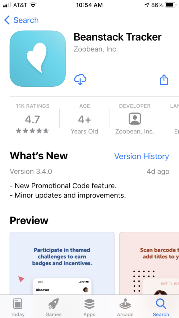 Beanstack Tracker App: App Store Screen