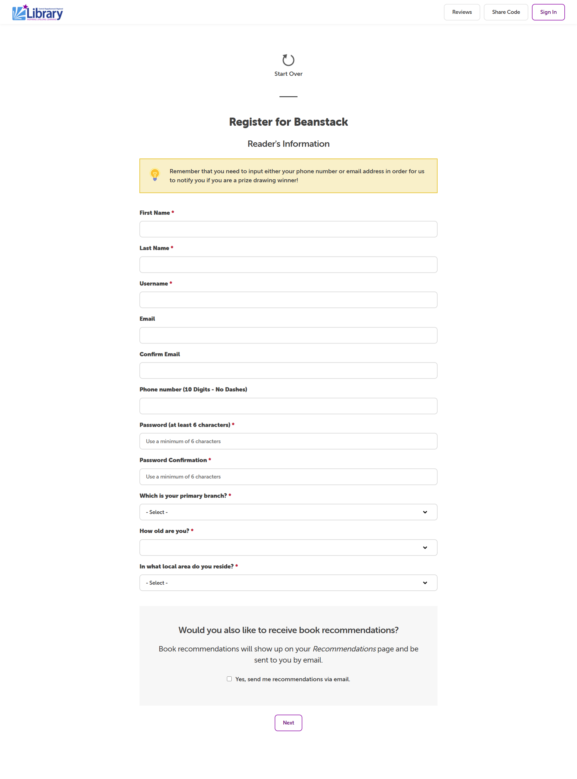 Screenshot of Beanstack registration page