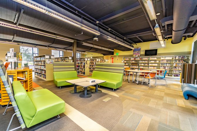 <p>Cupertino Library, upstairs, teen area, books, seating, courches, tables</p>