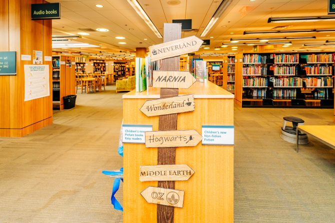 <p>Gilroy Library, downstairs, children's books signpost</p>