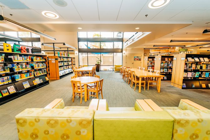 <p>Gilroy Library Downstairs Children's Seating and Tables, books</p>