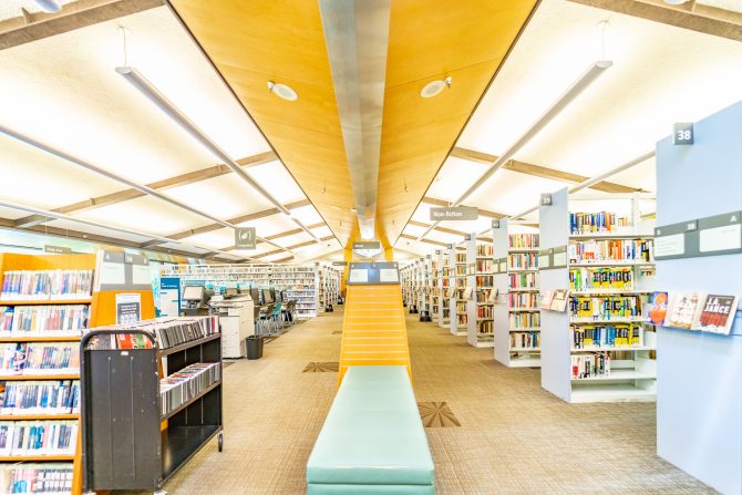 <p>Los Altos Library Adult Area, books, shelves</p>