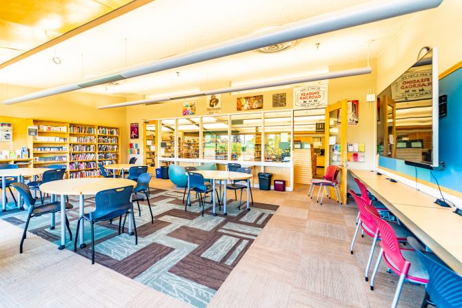 <p>Los Altos Library Teen Room, tables and chairs</p>