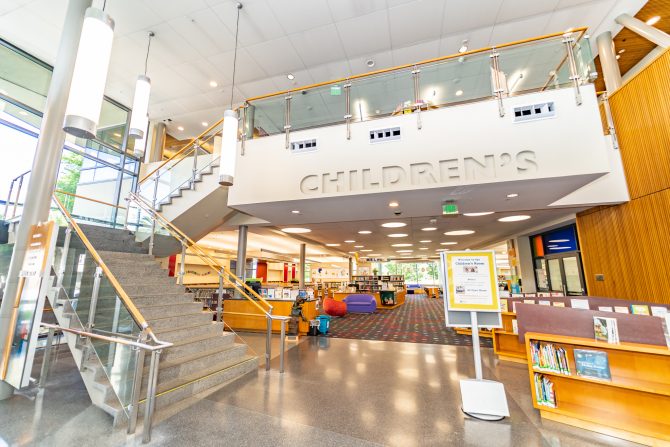 <p>Milpitas Library North Wing, entrance hall, children's, adults, teens, stairs</p>
