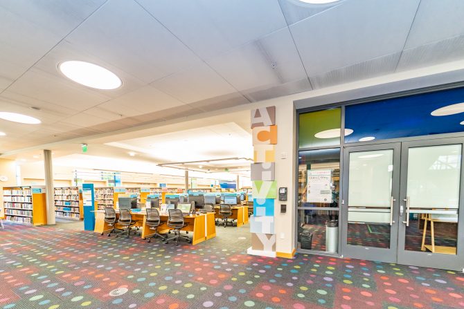 <p>Milpitas Library North Wing Downstairs Activity Room and Computers</p>