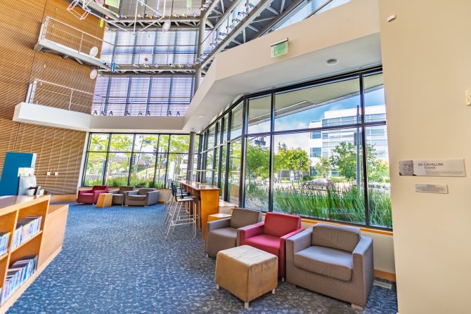 <p>Milpitas Library South Wing Seating, windows, tables and chairs</p>