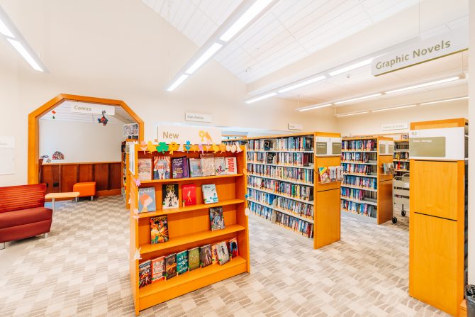 <p>Saratoga Library Teen Area Bookshelves</p>