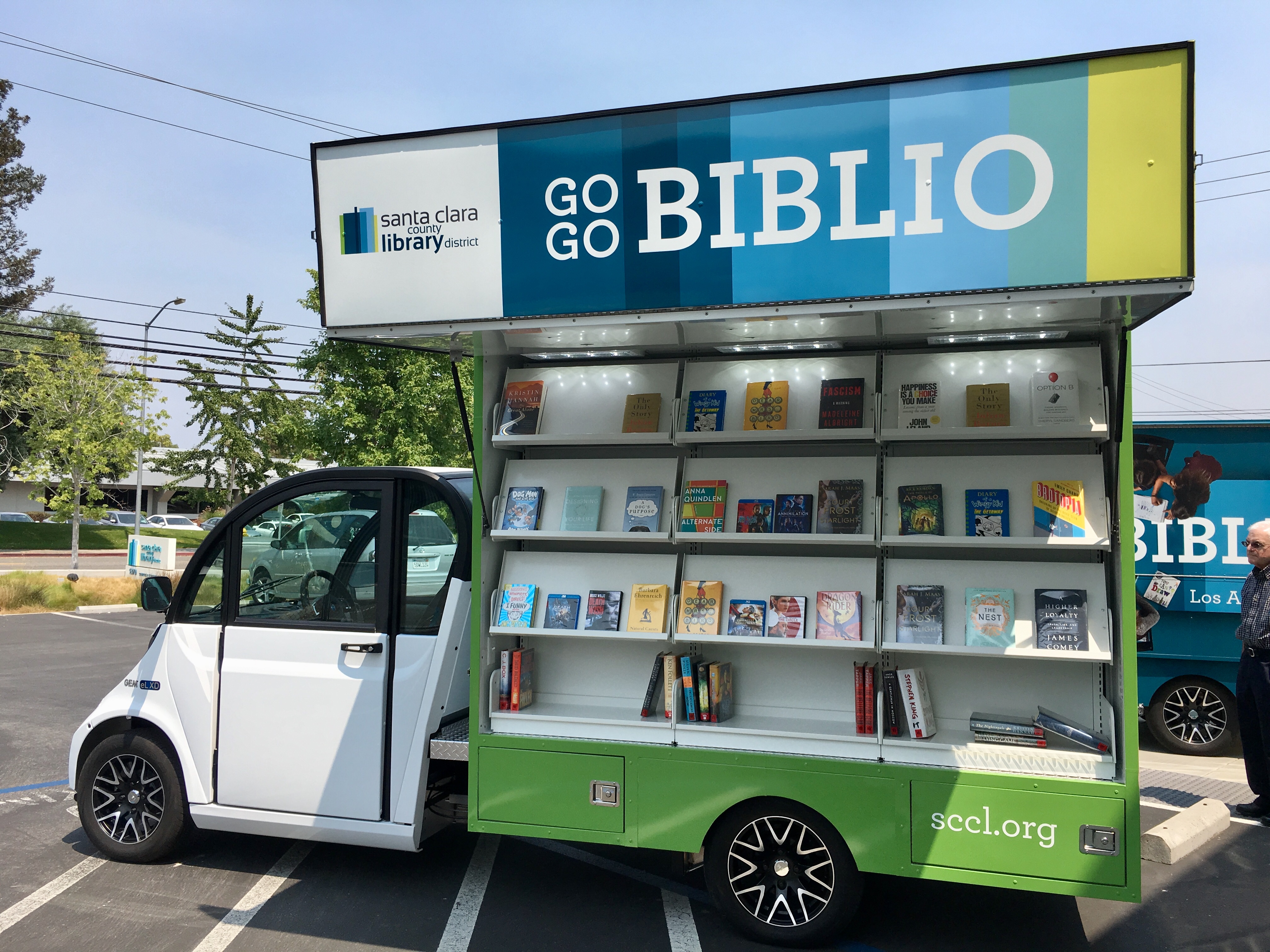 <p>Go Go Biblio vehicle, open with books</p>