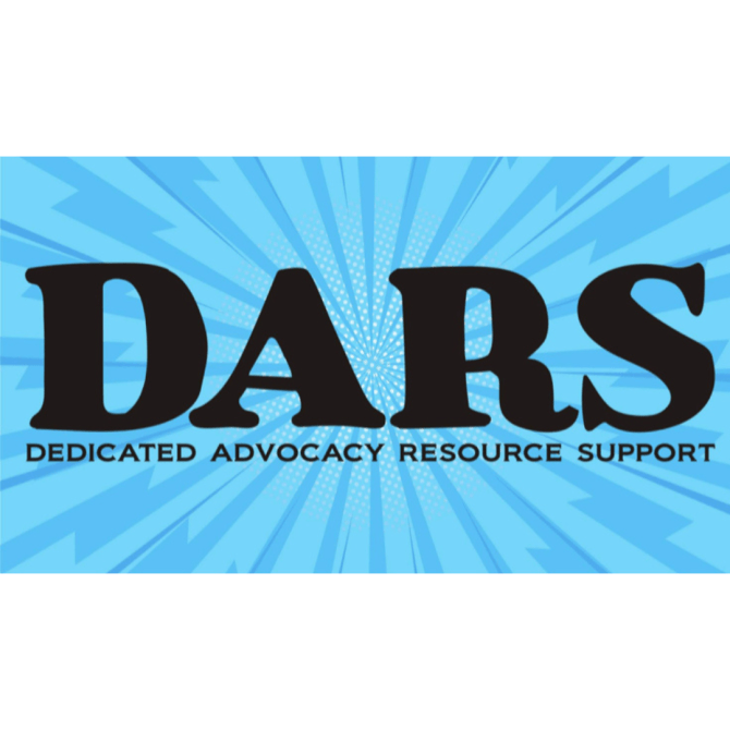 DARS logo on a blue sunburst background with the text that reads "Dedicated advocacy resource support"