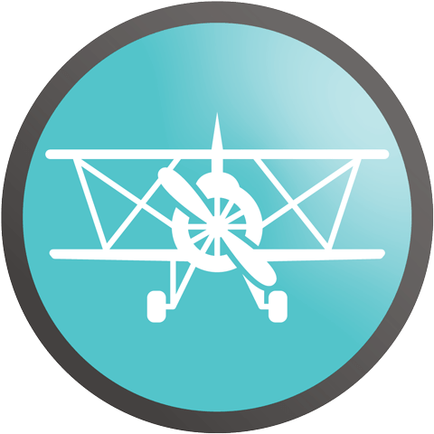 White line drawing of a biplane on aqua background