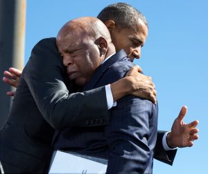 President Barack Obama hugs Rep. John Lewis at the 50th Anniversary of Bloody Sunday
