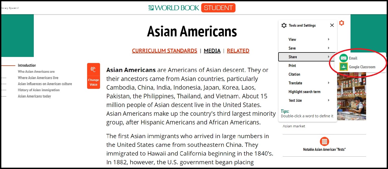 World Book Online article on Asian American history with the sharing ability to Google Classroom highlighted on right hand side.