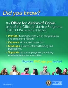 Poster detailing services of the Office for Victims of Crime, part of the U.S. Dept. of Justice.