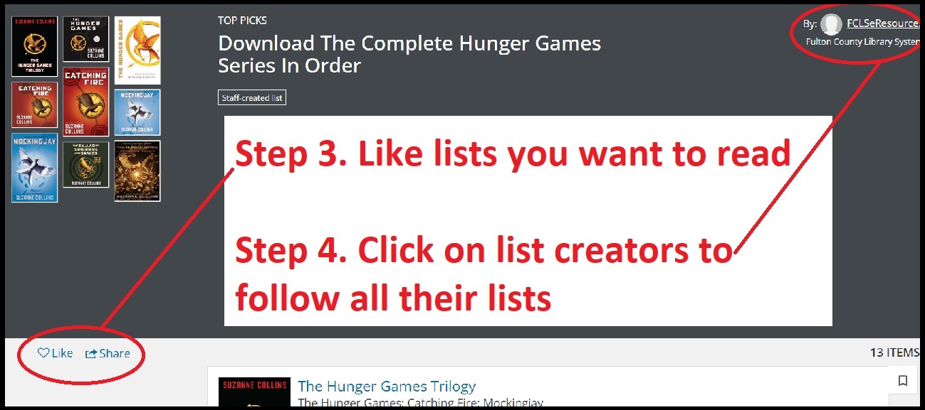 Step 3: Like lists you want to read by clicking hearts. Step 4: Click on list creators to follow all their lists.