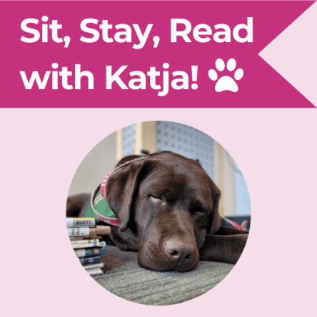 RDPL's Library Facility Dog snoozing on the floor. Text reads 'Sit, Stay, Read with Katja'