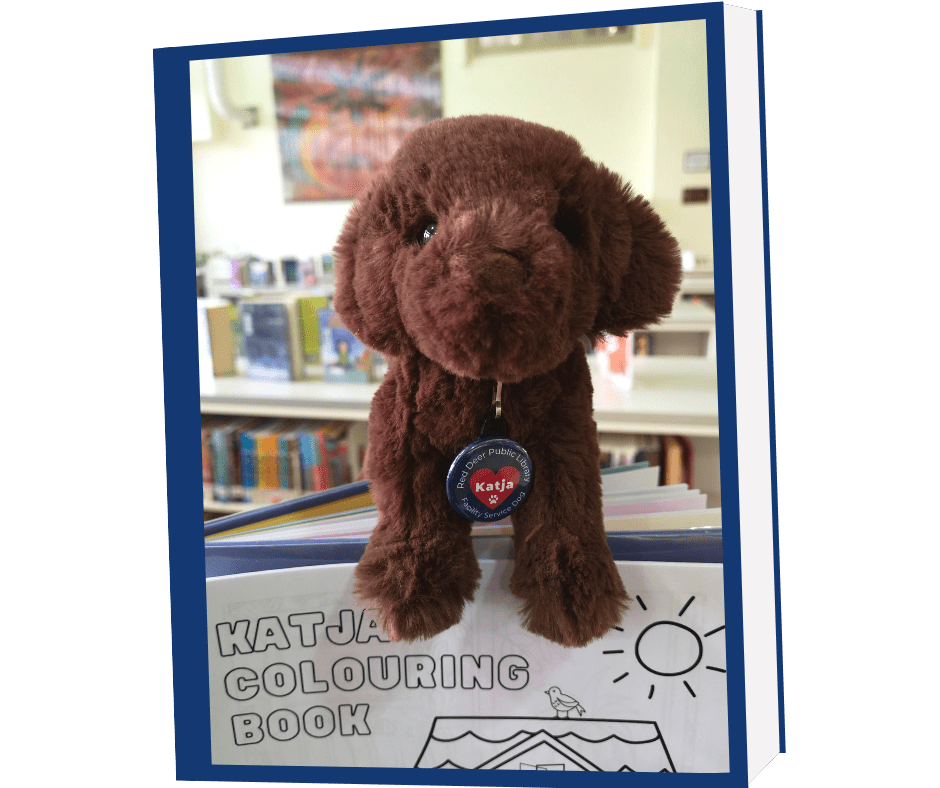 Stuffed brown dog with keychain reading Katja, holding 'Katja's Colouring Book'