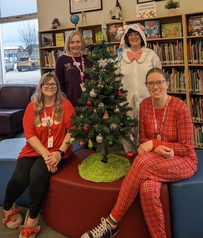 RDPL staff wearing pajamas at the Timberlands Branch