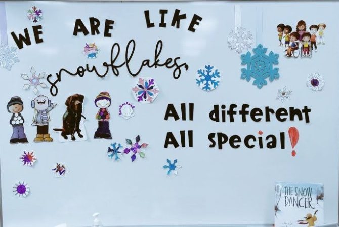 Display board reading "We are like snowflakes: all different, all special!"