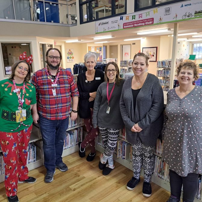 RDPL staff wearing pajamas at the Downtown Branch